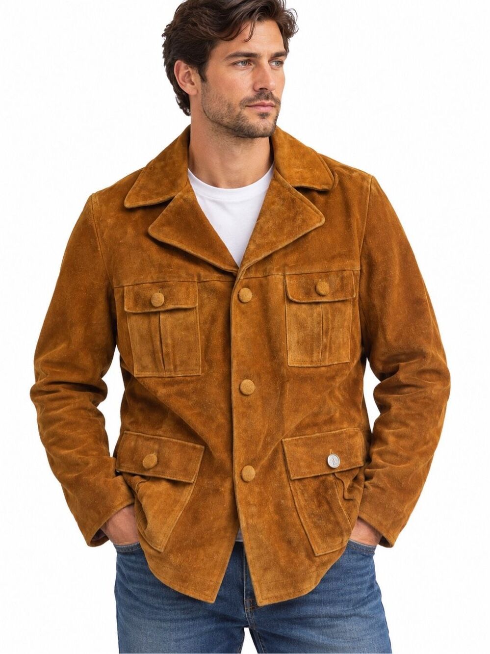 Fiesta Vintage Brown Suede Leather Safari Jacket No Size Tag Made in Mexico